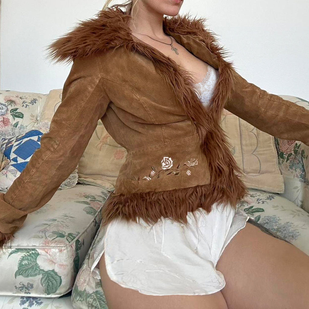 Vintage Maillard Fur Collar Flower Embroidery Short Warm Coat