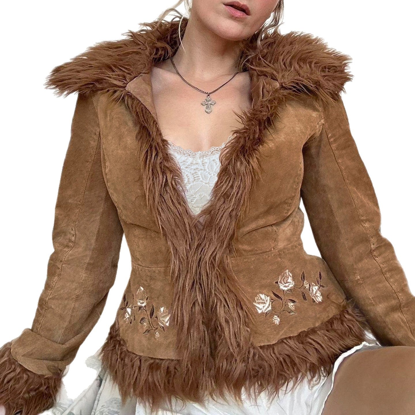 Vintage Maillard Fur Collar Flower Embroidery Short Warm Coat